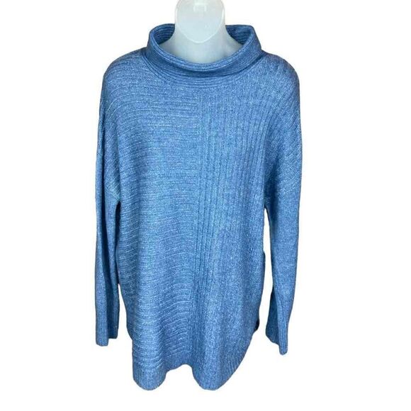 Como Vintage Pullover Sweater Mock Neck Blue Denim Rounded Hem Side Slits Small - Picture 2 of 15